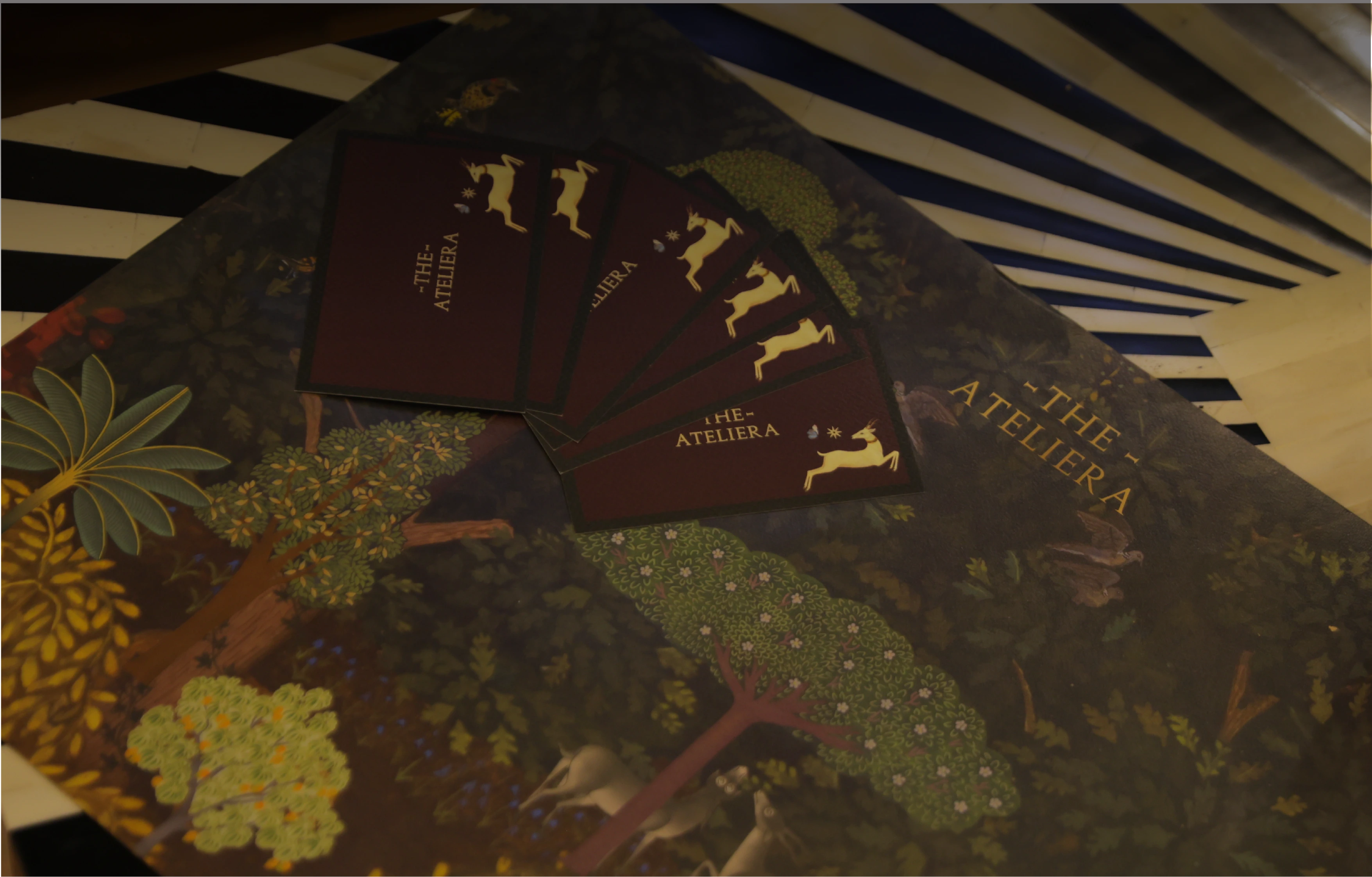 Gallery interior view with warm lighting, framed artwork on walls, and decorative lamp